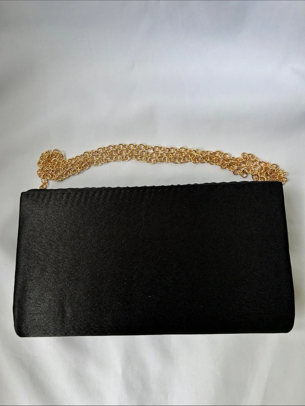 Black Pleated Evening Clutch with Gold Chain